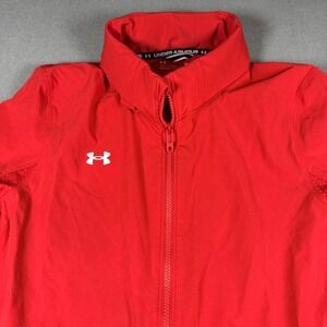 Under Armour Womens Jacket Lrg Red Windbreaker Packable Hood Full Zip Loose Fit